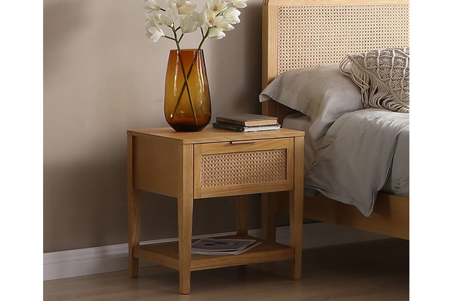 View Ezra 1 Drawer Wooden Rattan Bedside Table Made From Ash Wood Nightstand With One Rattan Drawer One Internal Shelf Minimal Assembly Required  information