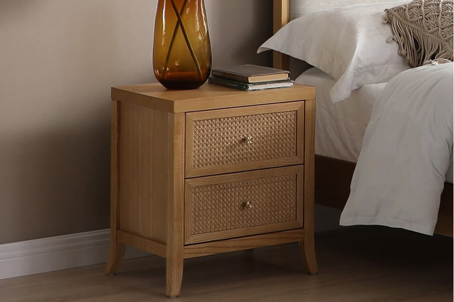 View Ezra 2 Drawer Wooden Rattan Bedside Table Solid Ash Wood Frame Two Large Storage Drawers With Gold Handles Minimal Assembly Required Quick F information