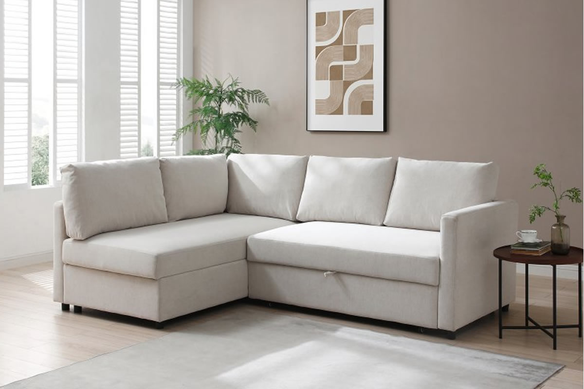 View Clara Weave Cream Fabric Corner Sofa Bed With Ottoman Storage Can Be Used Left Or Right Handed Easily Converts To Bed Settee Deeply Padded Seat information