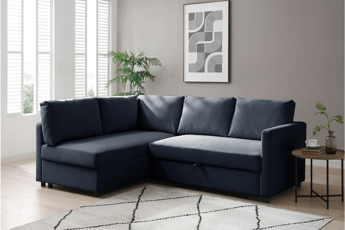 View Clara Weave Navy Fabric Corner Sofa Bed With Ottoman Storage Can Be Used Left Or Right Handed Easily Converts To Bed Settee Deeply Padded Seat information
