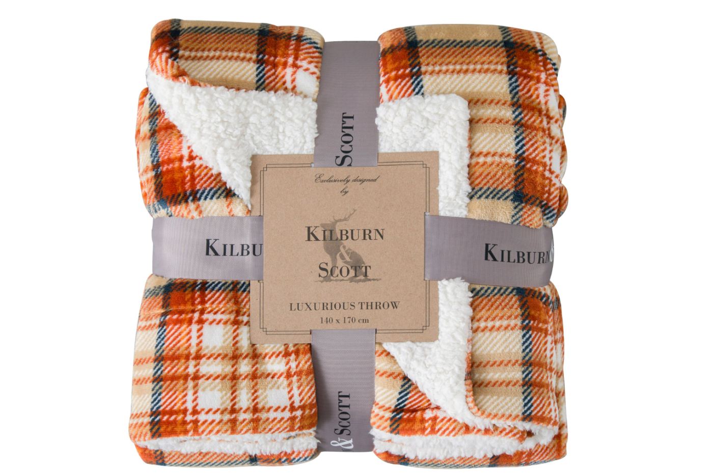 View Burnt Orange And Grey Checked Printed Sherpa Throw Reversible With Soft Touch Knitted Other Side Kilburn Moorland 1700 x 1400mm information