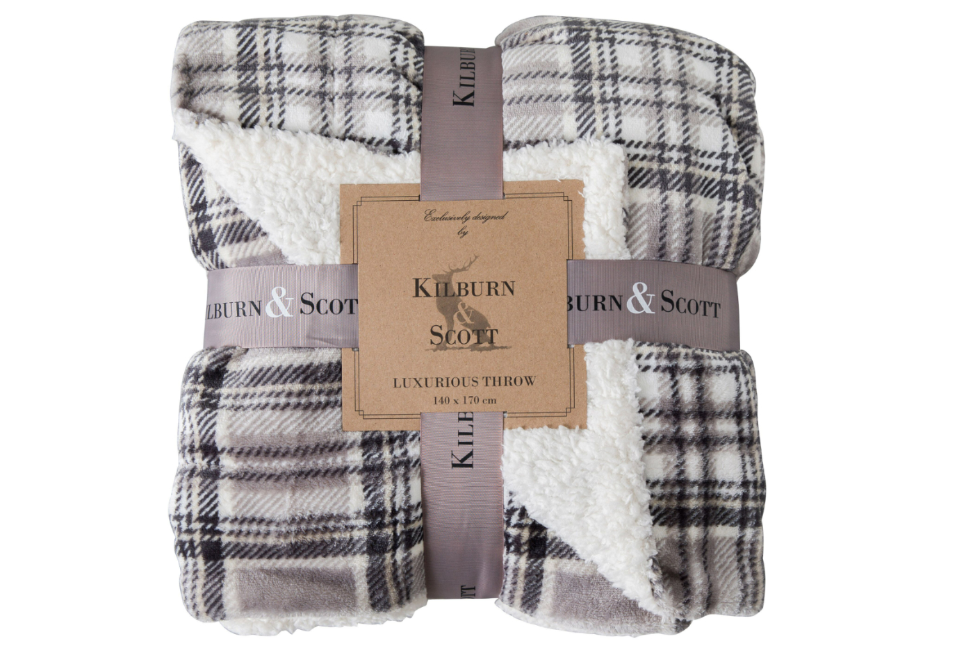 View Neutral Grey And Cream Checked Printed Sherpa Throw Reversible With Soft Touch Knitted Other Side Kilburn Moorland 1700 x 1400mm information
