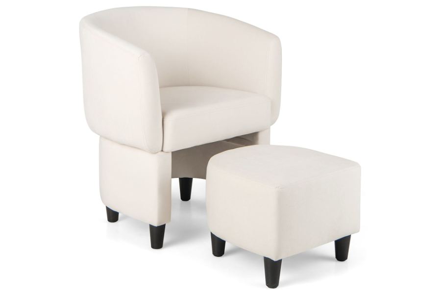 View Huxley Beige Velvet Accent Chair With Footrest Curved Backrest and Armrests Elastic Sponge Filing Solid Wooden Legs Anti Slip Foot Pads information
