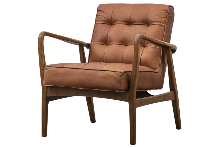 View Humber Vintage Brown Leather Armchair With Solid Oak Frame Vintage Design Deep Pull Detail and Smooth Lines Deeply Padded Seat Back information