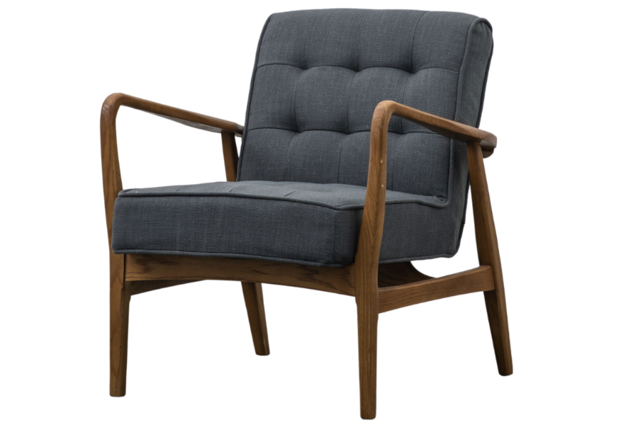 View Humber Dark Grey Fabric Armchair With Solid Oak Frame Vintage Design Deep Pull Detail and Smooth Lines Deeply Padded Seat Back information