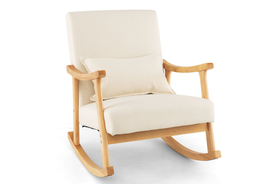 View Logan Beige Linen Fabric Rocking Lounge Chair Rocking Angle Ranging From 0 to 125 Degrees Robust Rubber Hardwood Frame Tested to 150kg information
