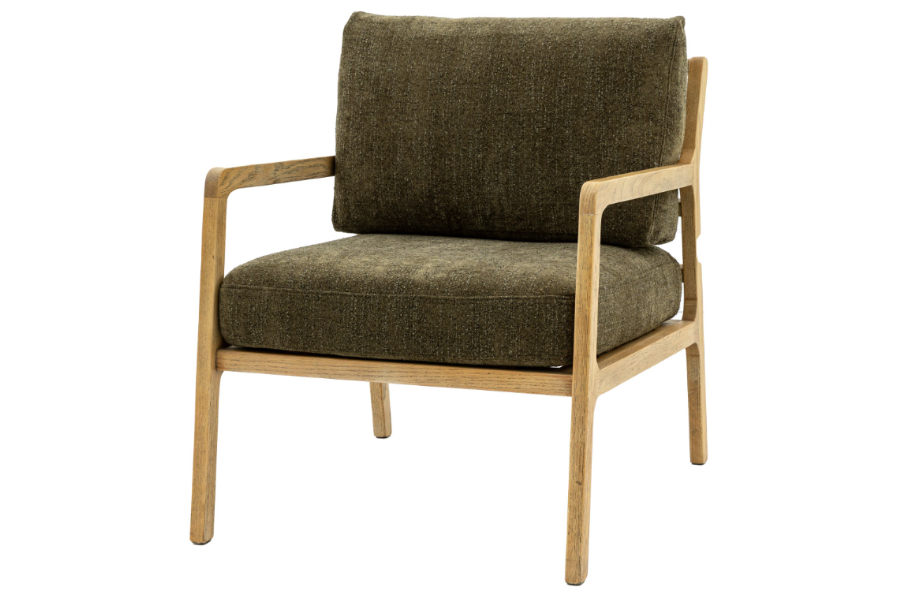 View Cortona Moss Green Fabric Armchair With Solid Oak Frame Retro Design Deeply Padded Foam Seat Back Cushions Delivered Fully Assembled information