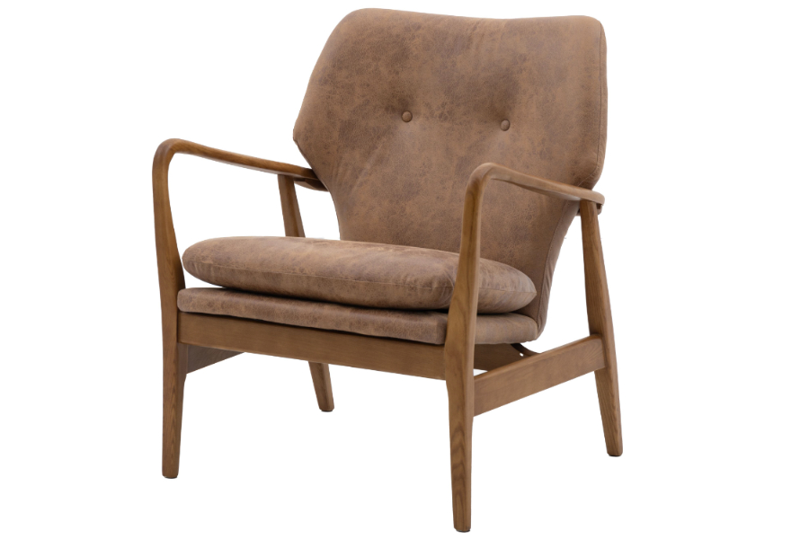 View Jensen Brown Leather Armchair With Buttoned Backrest Solid Weathered Oak Frame Mid Century Design Deeply Padded Seat Back Cushion information