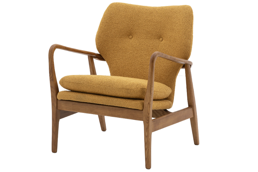 View Jensen Ochre Yellow Boucle Fabric Armchair With Buttoned Backrest Solid Weathered Oak Frame MidCentury Design Deeply Padded Seat Back information