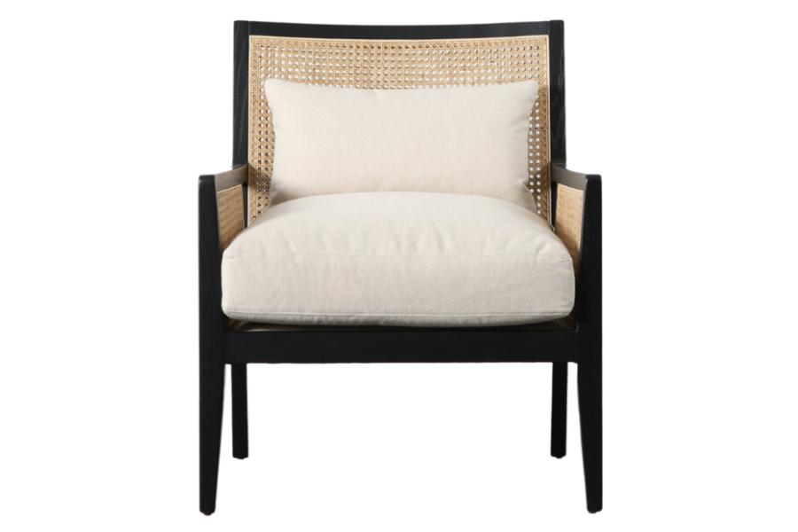 View Nagoya Rattan Armchair With Solid Black Timber Frame Deeply Padded Seat Removable Bolster Cushion MidCentury Design information