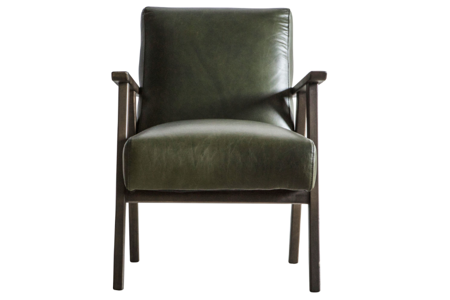 View Neyland Heritage Green Leather Armchair With Solid Oak Frame Mid Century Design Deeply Padded Sponge Seat Back Cushions information