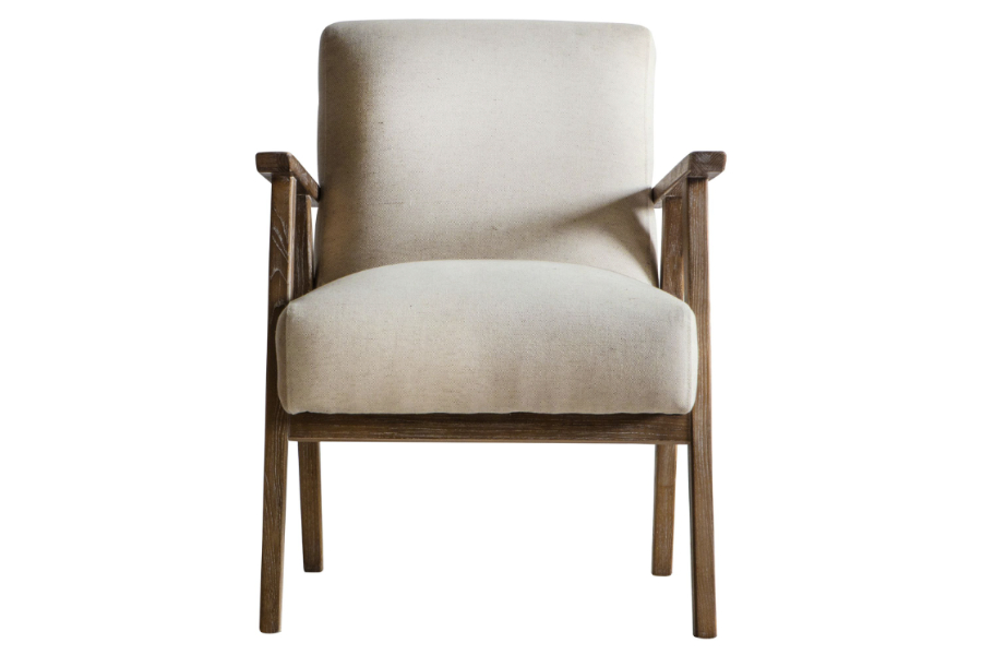 View Neyland Natural Linen Fabric Armchair With Solid Oak Frame Mid Century Design Deeply Padded Sponge Seat Back Cushions information