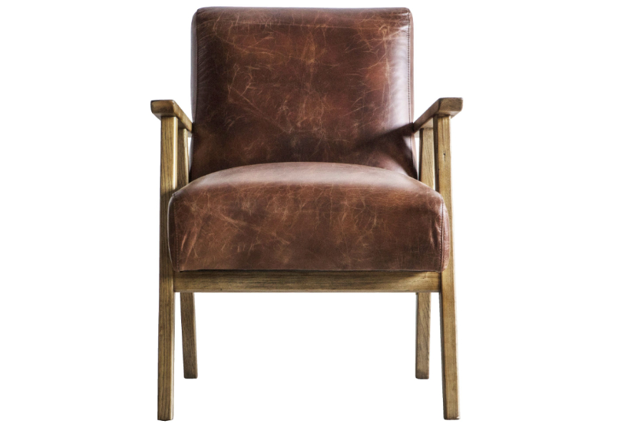 View Neyland Vintage Brown Leather Armchair With Solid Oak Frame Mid Century Design Deeply Padded Sponge Seat Back Cushions information