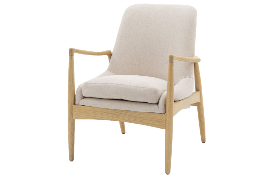 View Carrera Natural Linen Fabric Armchair Modern Contemporary Design Fixed Back Cushion and a Loose Seat Cushion Oak Frame Weathered Leg Finish information