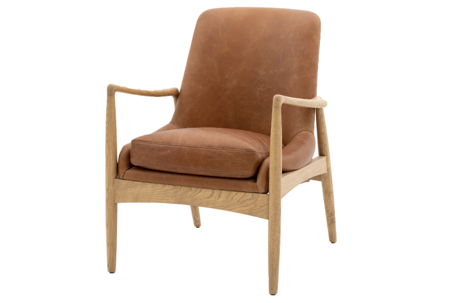 View Carrera Brown Leather Armchair Modern Contemporary Design Fixed Back Cushion and a Loose Seat Cushion Oak Frame Weathered Leg Finish information