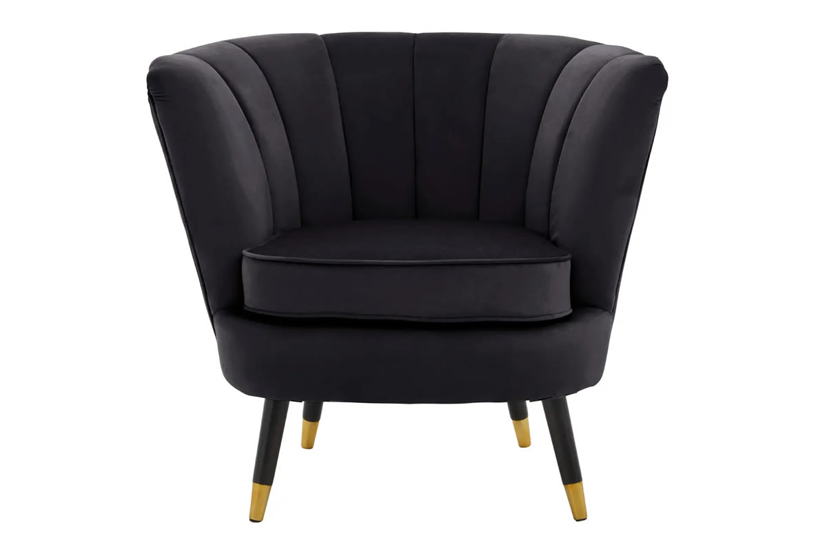 View Loretta Black Velvet Chair Deeply Padded Sponge Cushion velvet upholstery Vertical channel Tufting Gold Tipped Sturdy Wooden Leg information