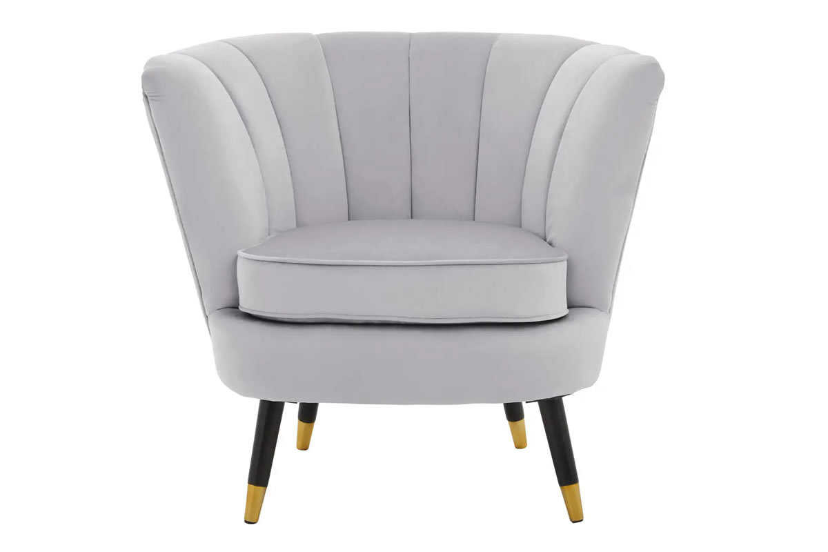 View Loretta Grey Velvet Chair Deeply Padded Sponge Cushion velvet upholstery Vertical channel Tufting Gold Tipped Sturdy Wooden Leg information
