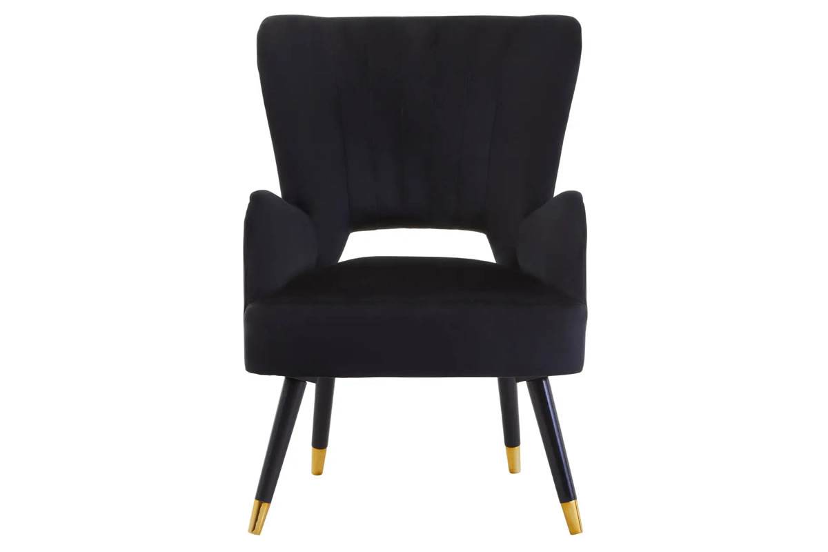 View Loretta Black Velvet Chair Contemporary Design CutOut Design On Back Panel Deeply Padded Sponge Cushion Sturdy Wooden Legs information