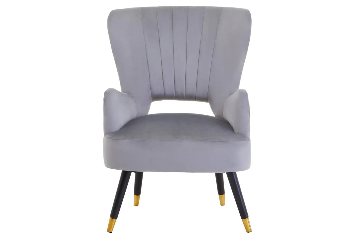 View Loretta Grey Velvet Chair Contemporary Design CutOut Design On Back Panel Deeply Padded Sponge Cushion Sturdy Wooden Leg information