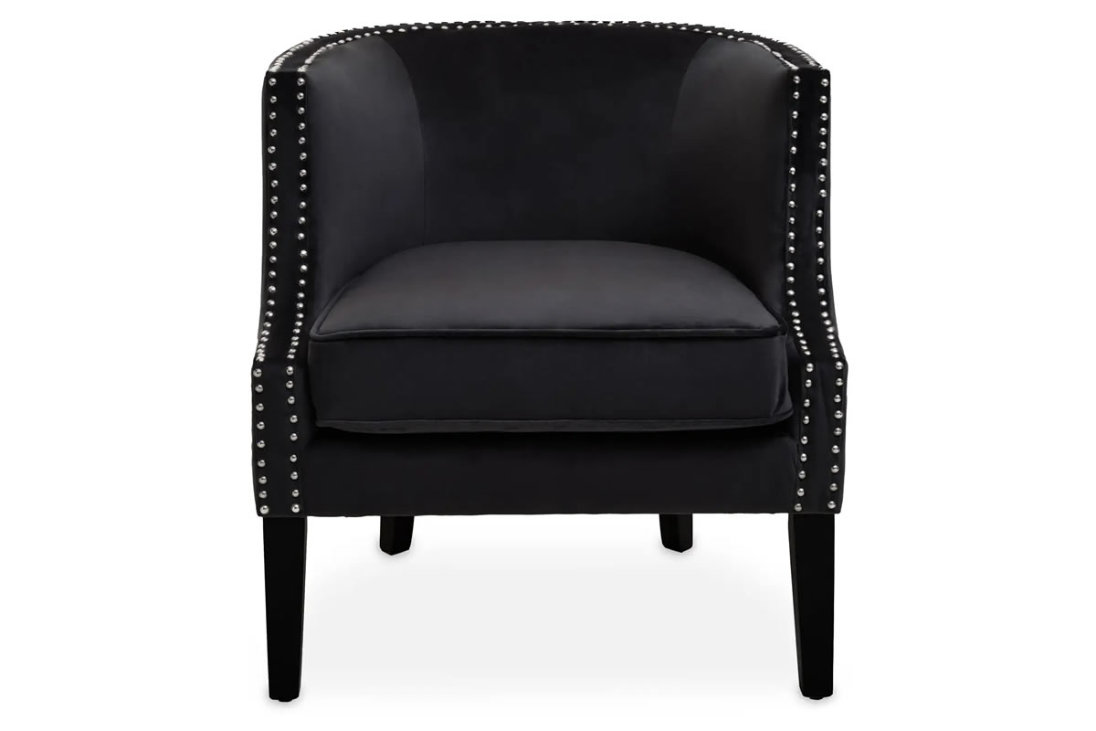 View Larissa Black Velvet Occasional Chair With Silver Tufted Buttons Solid Black Rubber Wood Legs Deeply Padded Foam Seat information