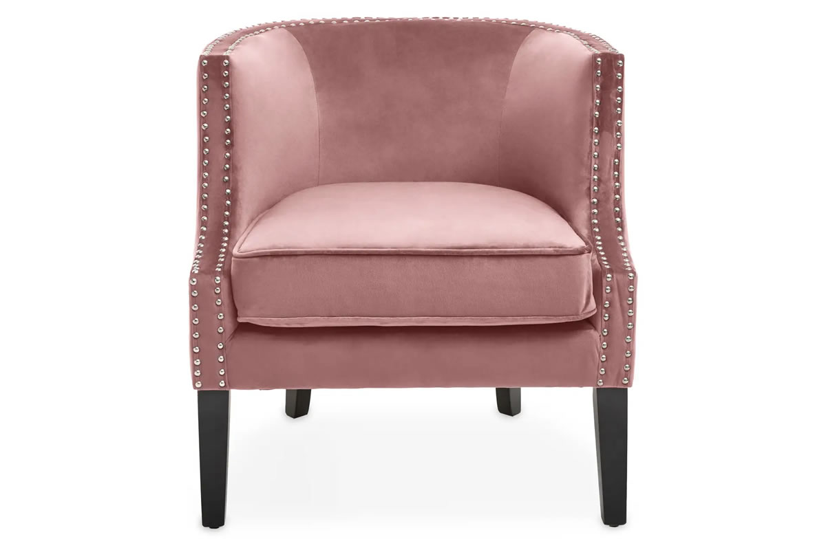 View Larissa Pink Velvet Occasional Chair With Silver Tufted Buttons Solid Black Rubber Wood Legs Deeply Padded Foam Seat information