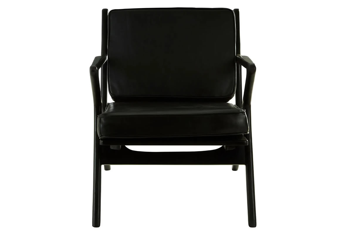 View Kendari Black Leather Armchair MidCentury Modern Design Solid Wood Teakwood Frame Leather Upholstery Panelled Lines On Seat Back Free Del information