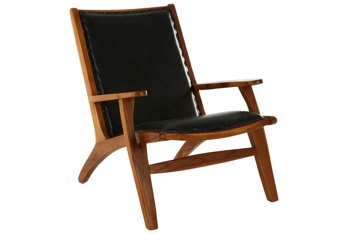 View Kendari Black Leather Lounge Chair MidCentury Design Solid Teak wood Frame Deeply Padded Seat Soft Leather Upholstery With Studded Detail information