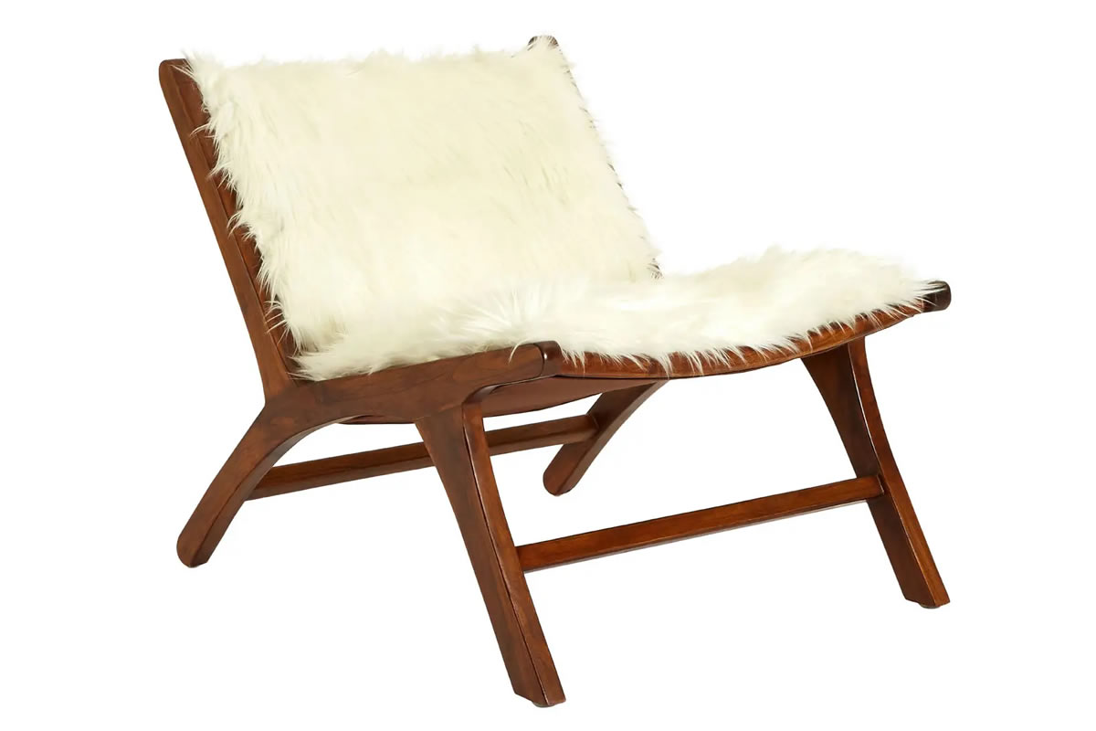 View Incha Accent Lounge Chair With Solid Teak Wood Frame White Faux Fur Upholstery Deeply Padded Seat Back Delivered Fully Assembled information
