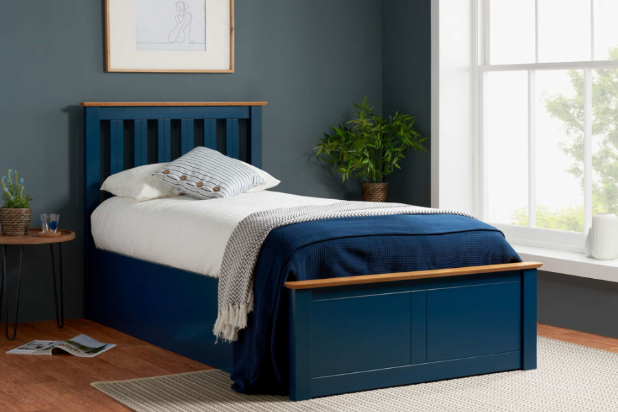 View Navy Blue Wooden 30 Single Ottoman Lift Up Storage Bed Frame Shaker Style Slatted Headboard Low Foot Board Slatted Base Phoenix information