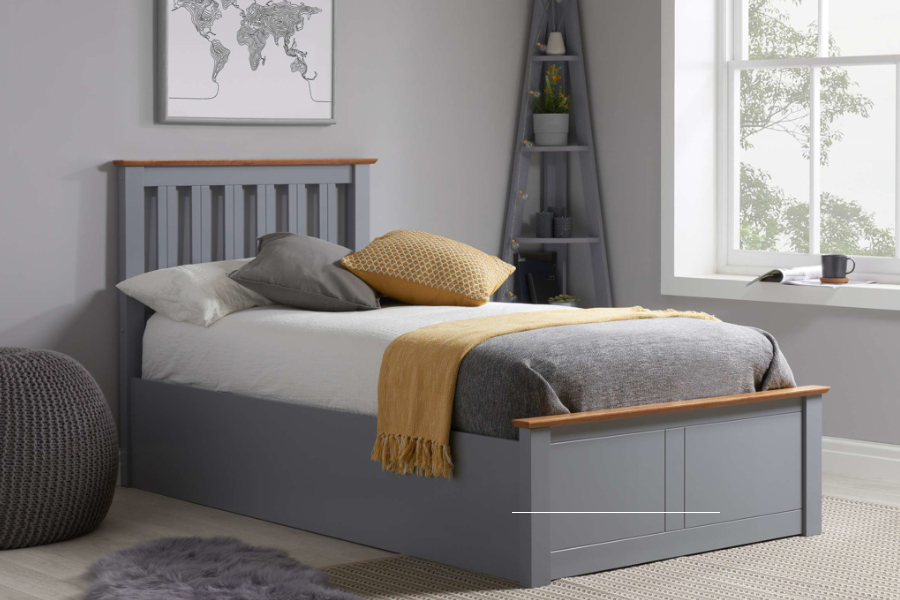 View Stone Grey Wooden 30 Single Size Ottoman Lift Up Storage Bed Frame Shaker Style Slatted Headboard Low Foot Board Slatted Base Phoenix information