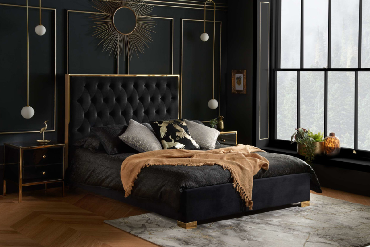 View Chelsea 50 King Size Black Fabric Bed Frame Upholstered In Soft Velvet Fabric Tall Padded ButtonDetailed Headboard Luxury Metal Trimming information