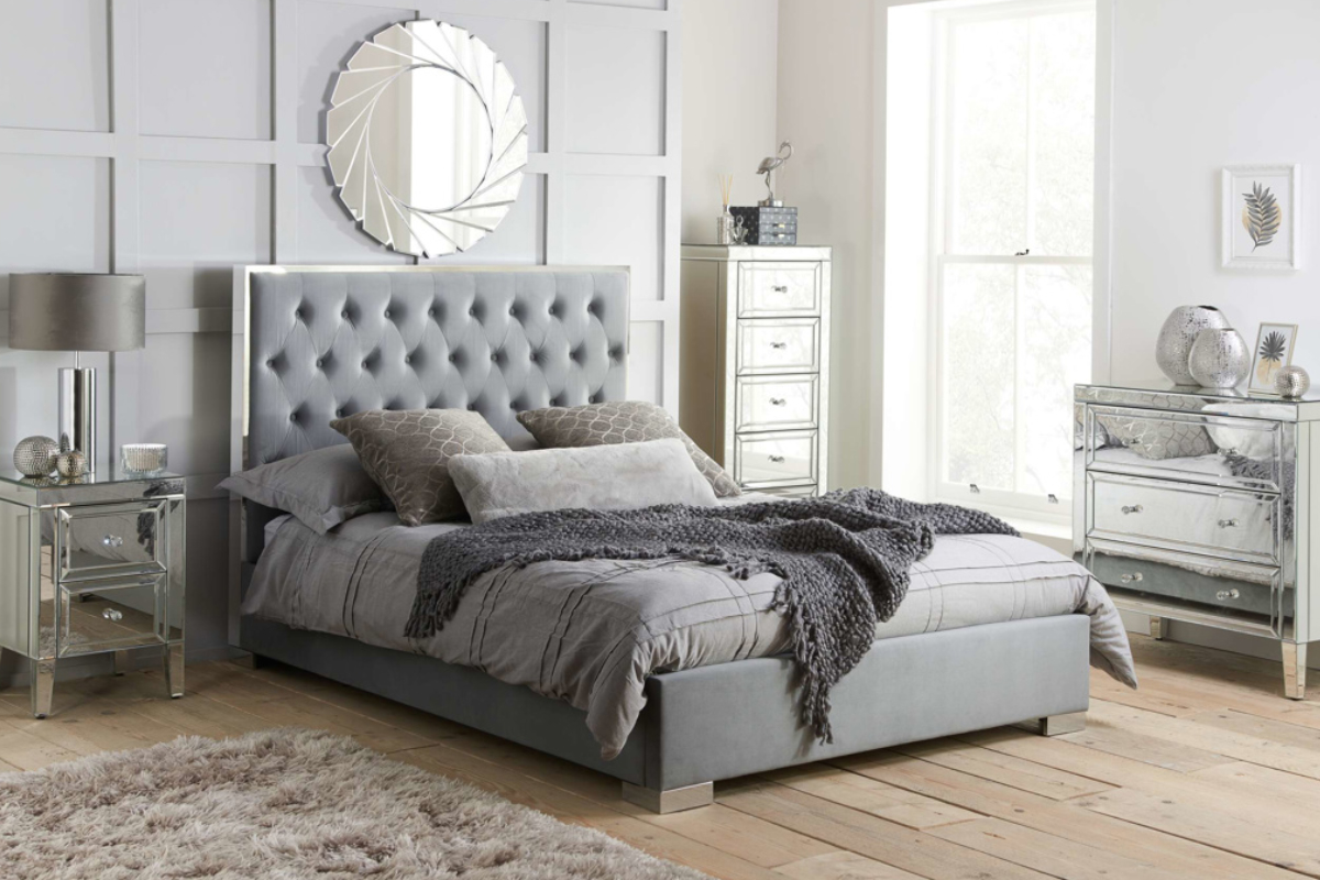 View Chelsea 50 King Size Grey Fabric Bed Frame Upholstered In Soft Velvet Fabric Tall Padded ButtonDetailed Headboard Luxury Metal Trimming information
