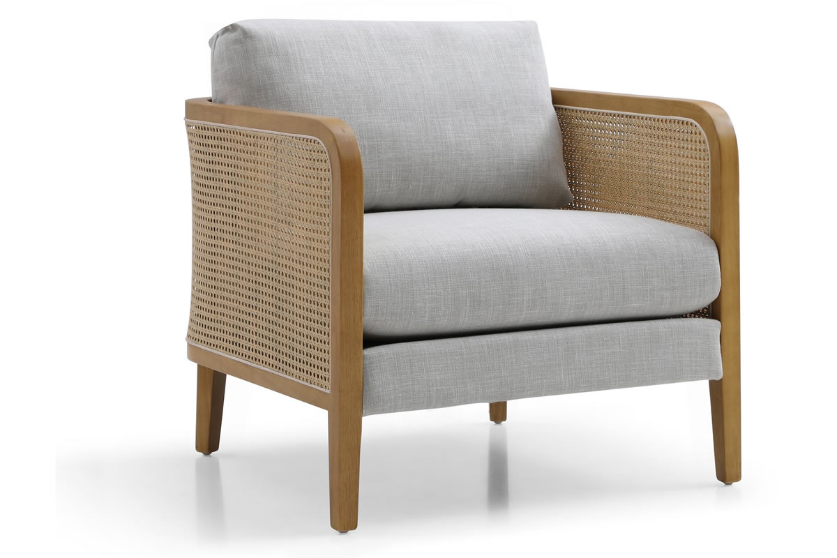 View Mabel Rattan Armchair With Deeply Padded Seat Backrest Cushions Upholstered In Cream Linen Scandi Retro Design Solid Rubberwood Frame Tested information