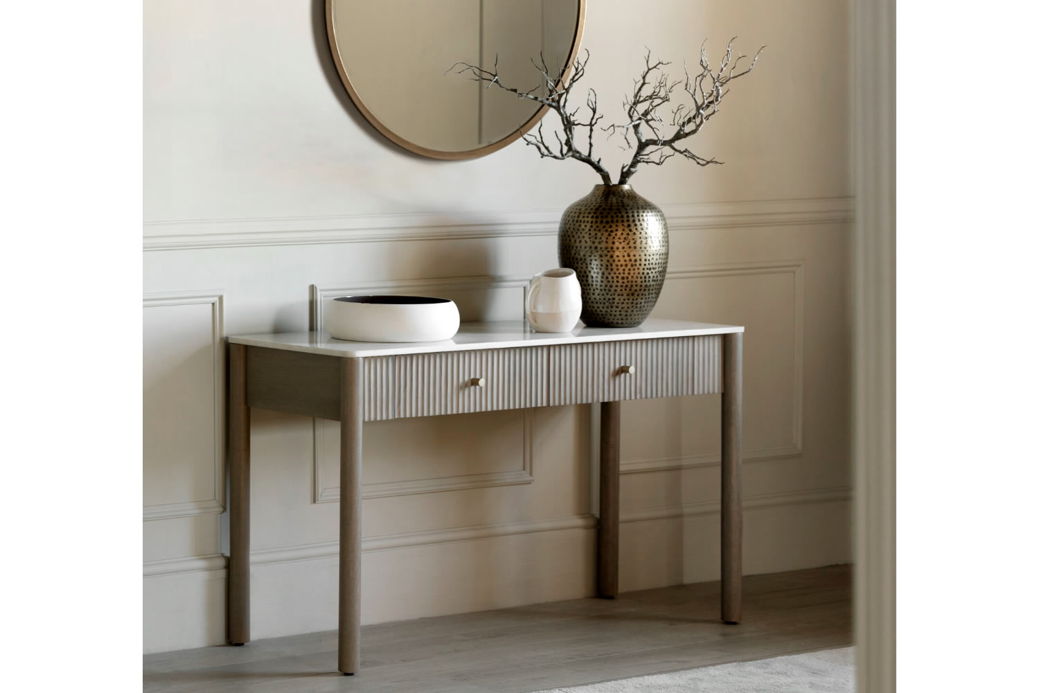 View Marmo 2 Drawer Hallway Console Table Crafted From Solid Mango Wood White Carrera Marble Top With GreyBlue Veins Elegant GoldTone Round Handles information