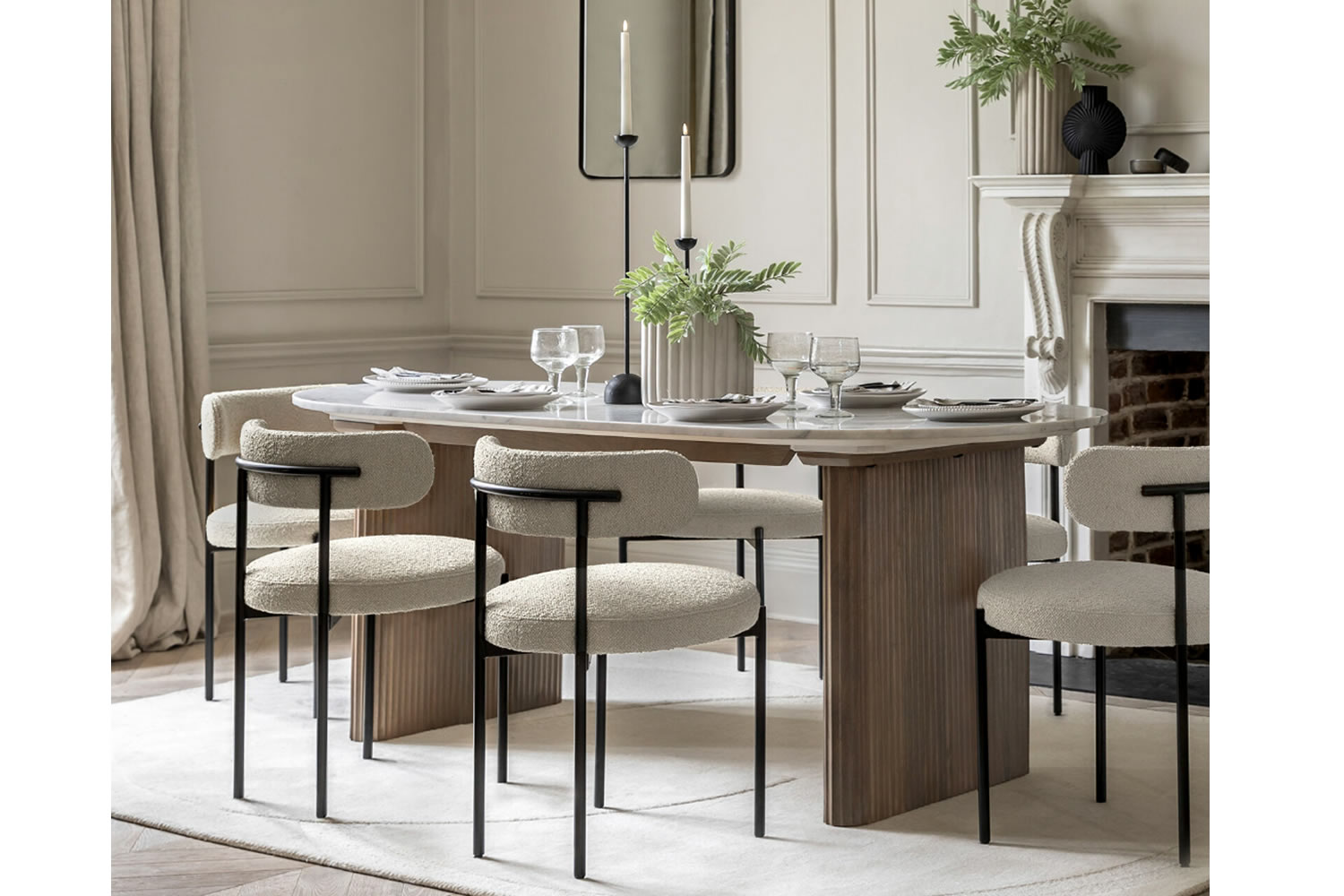 View Marmo Dining Table Crafted From Solid Mango Wood Accommodates Up to 8 People GreyVeined White Carrera Marble Top Classy Ribbed Wooden Legs information