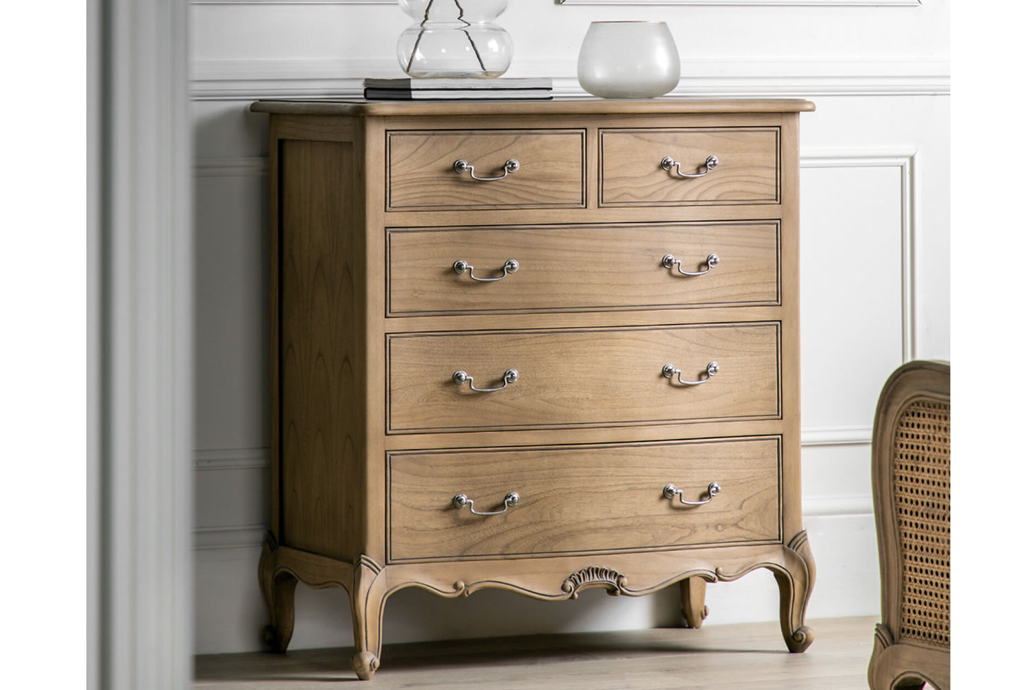 View Chic 5 Drawer Chest Weathered Tall Bedroom Storage Unit With Sliding Drawers Crafted From Solid Mindy Ash Traditional French Furniture Design information