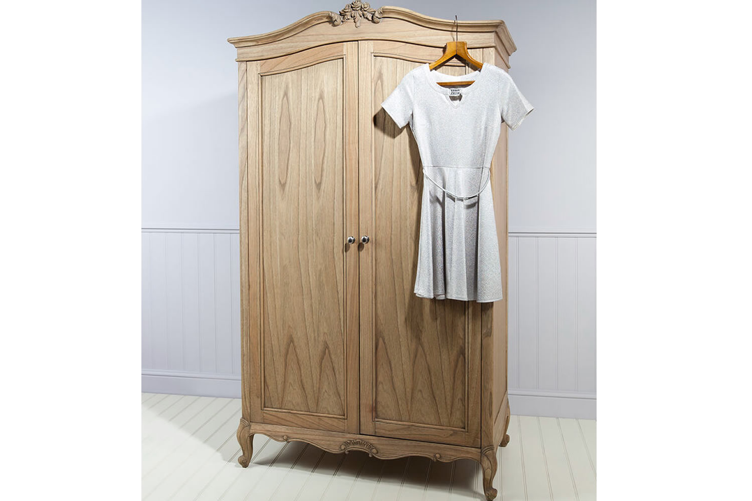View Chic 2 Door Wooden Bedroom Wardrobe With Hanging Rail Weathered Finish Crafted From Mindi Ash Veneered MDF Traditional French Furniture Design information