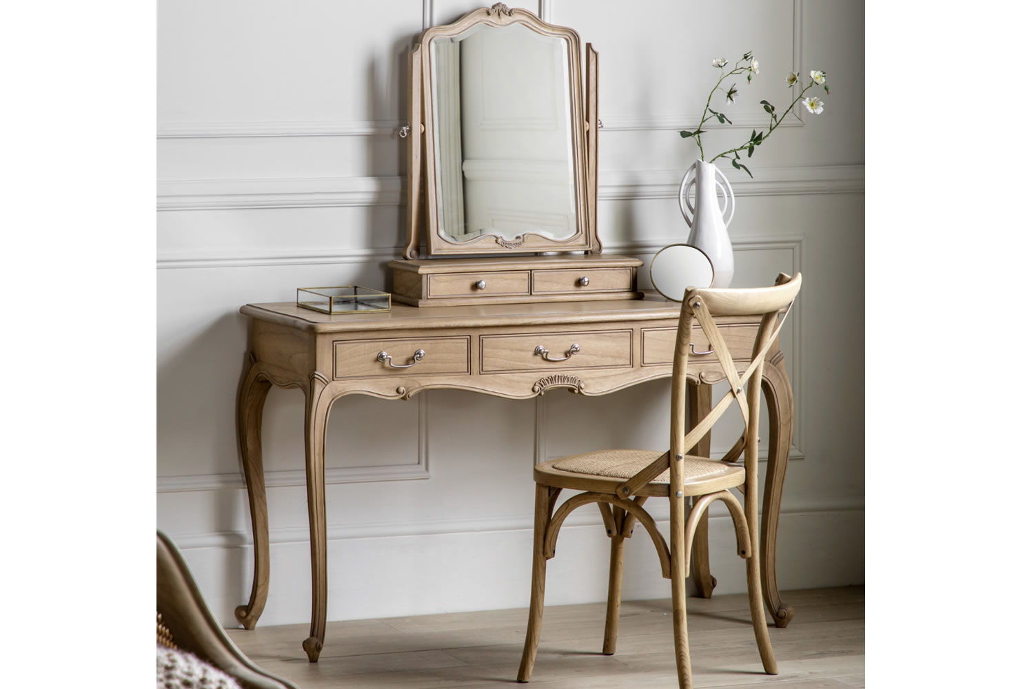 View Chic 3drawer Dressing Table With Decorative Handles Weathered Finish Ample Storage Space Living Room Or Bedroom Storage Table Frenchinspired information