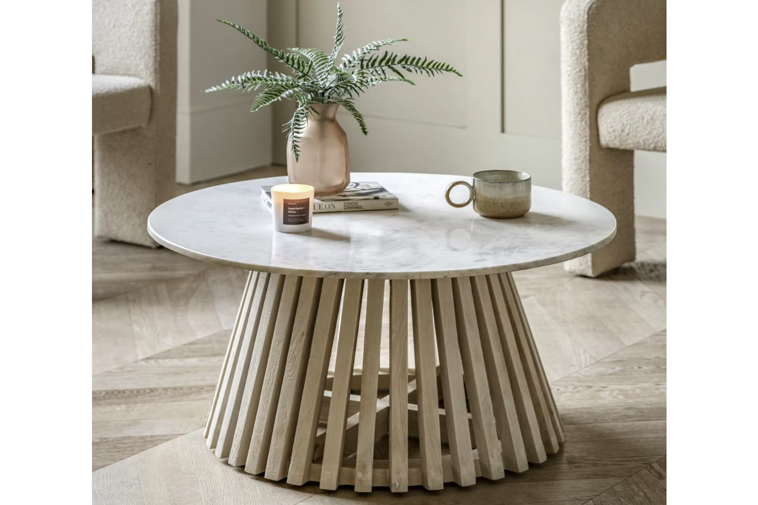 View Soho Round Coffee Table Robust Mango Wood Slatted Base Modern Design Practical White Marble Top Easy Assembly Matching Pieces Available information
