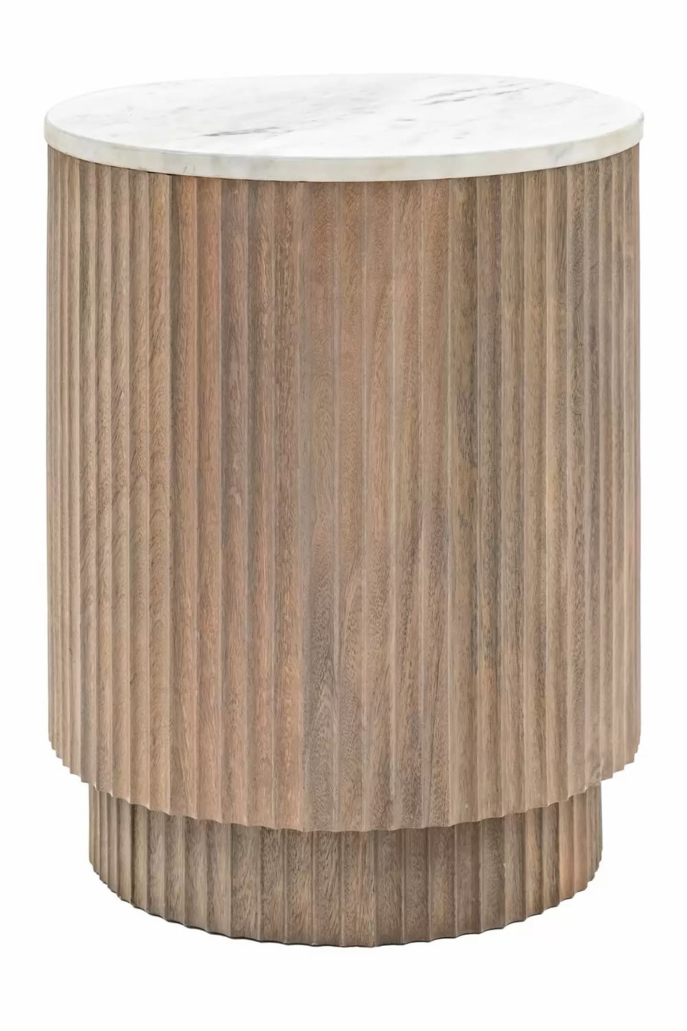 View Marmo Side table Crafted From Mango Wood Stylish Modern Design GreyBlue Veined White Carrera Marble Top Classy Ribbed Round Cylinder Base information