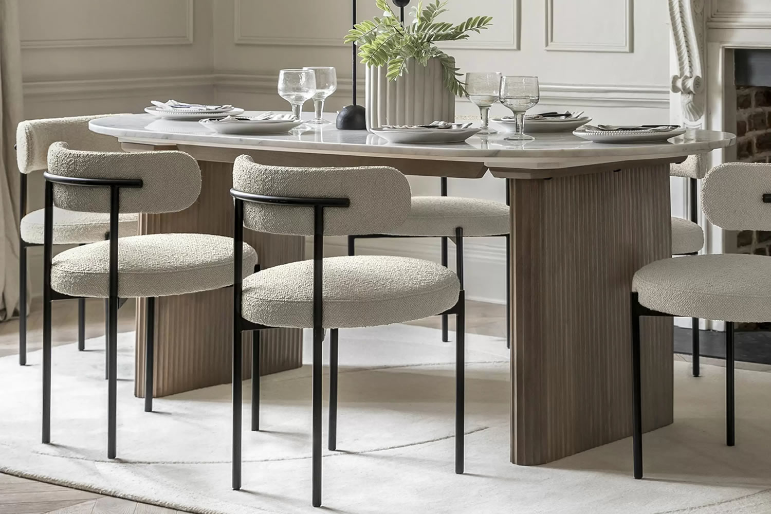 View Marmo Dining Table Crafted From Solid Mango Wood Accommodates Up to 8 People GreyVeined White Carrera Marble Top Classy Ribbed Wooden Legs information