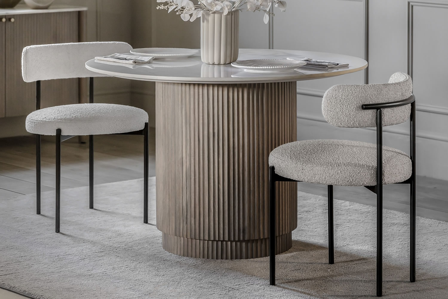 View Marmo Dining table Crafted From Mango Wood Accommodates Up to 4 People GreyVeined White Carrera Marble Top Classy Ribbed Round Cylinder Base information