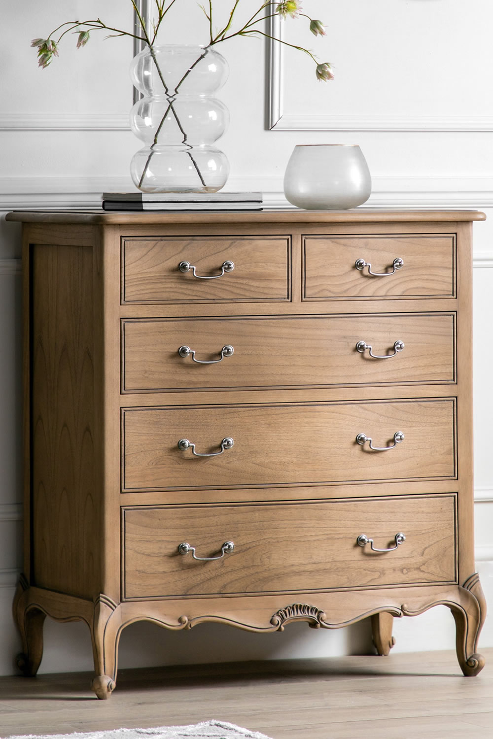 View Chic 5 Drawer Chest Weathered Tall Bedroom Storage Unit With Sliding Drawers Crafted From Solid Mindy Ash Traditional French Furniture Design information