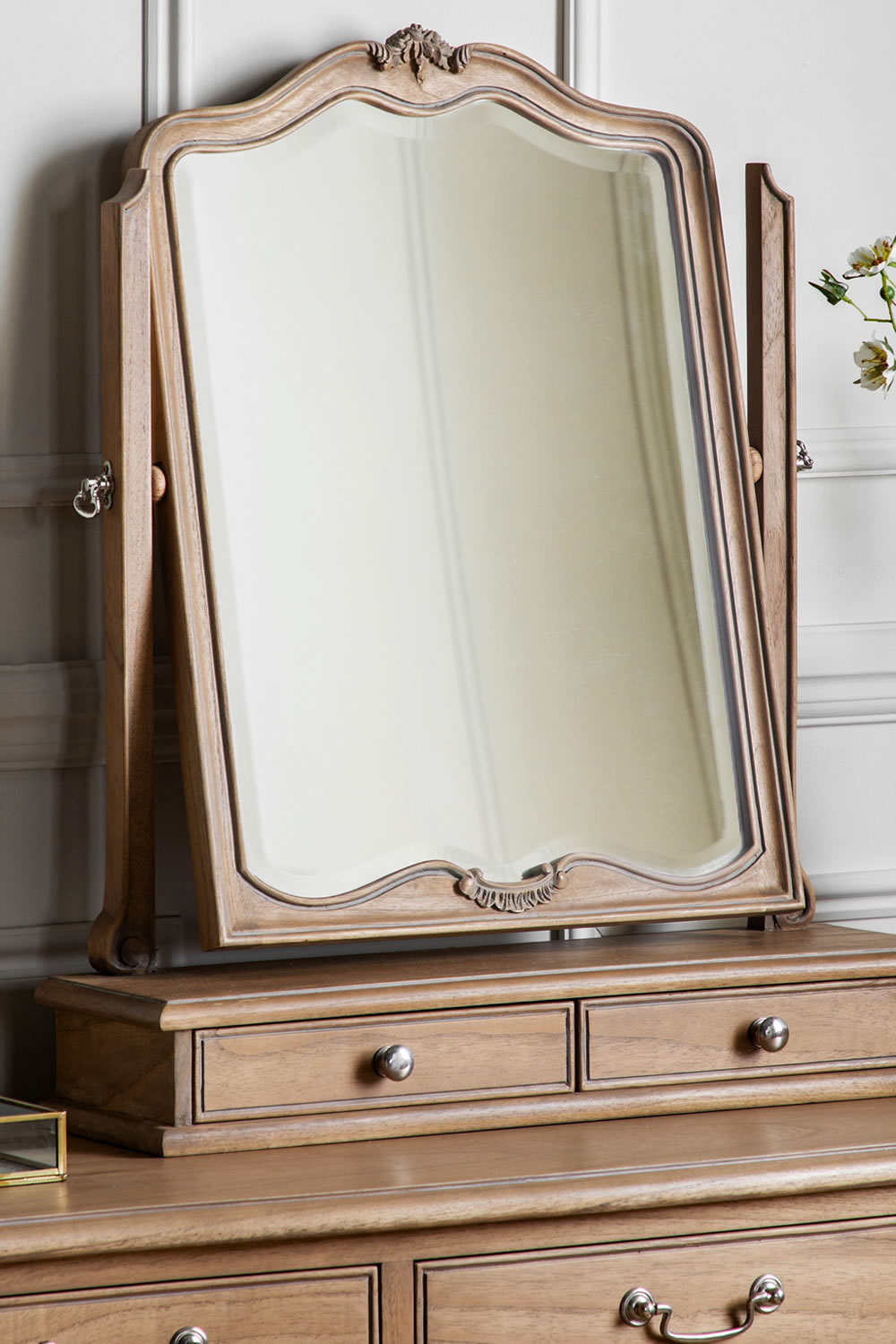 View Chic Dressing Table Mirror With Bevelled Edges Crafted From Mindi Ash Elegant Weathered Finish 2 Handy Storage Drawers French Inspired information