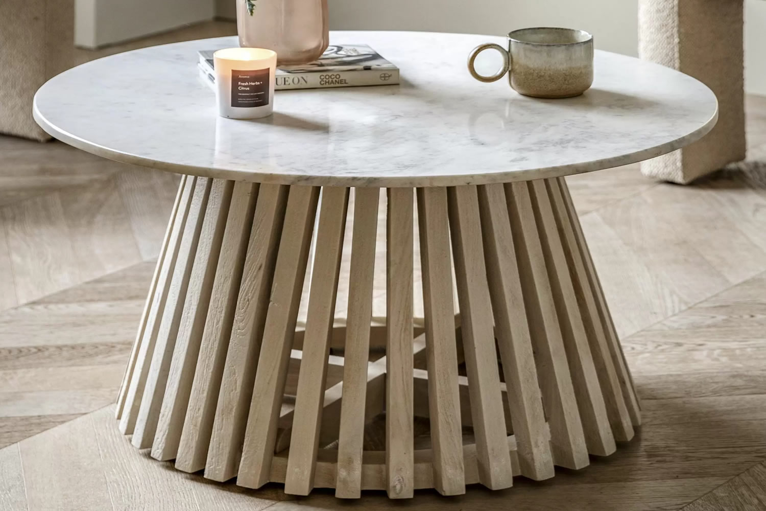View Soho Round Coffee Table Robust Mango Wood Slatted Base Modern Design Practical White Marble Top Easy Assembly Matching Pieces Available information