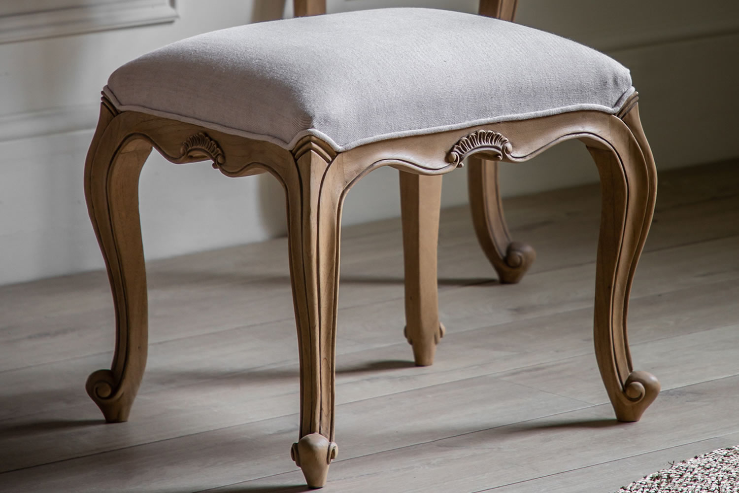 View Chic Bedroom Dressing Table Stool Crafted From Mindy Ash Elegant Weathered Finish Deeply Padded Seat Natural Linen Fabric French Inspired information