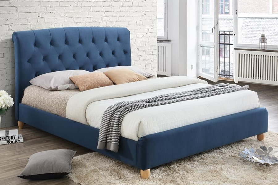 Blue Fabric Upholstered Bed Frame, Double Bed Frame With Curved Headboard