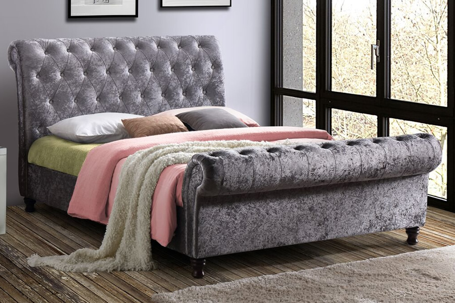 View Steel Crushed Velvet Sleigh King Size Bed Frame Castello information