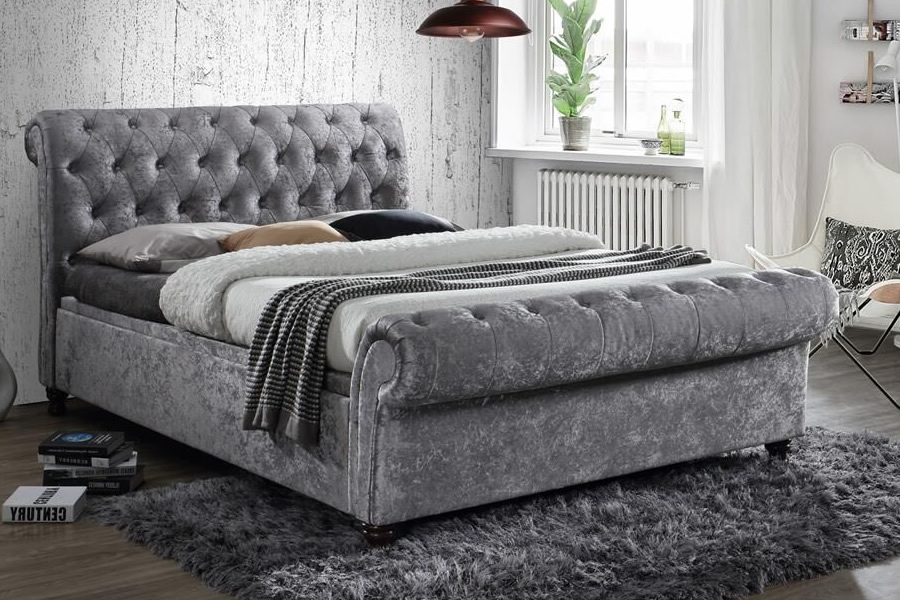 View Crushed Silver Fabric Super King Size 60 Side Opening Ottoman LiftUp Storage Bed Frame Deeply Buttoned Scroll Head And Foot End Castello information