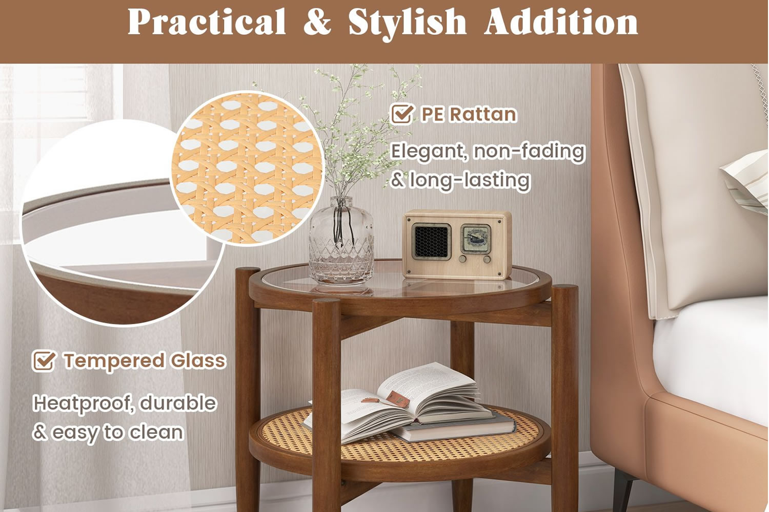 Globe Round Wooden Side Table With Glass Top & Rattan Shelf